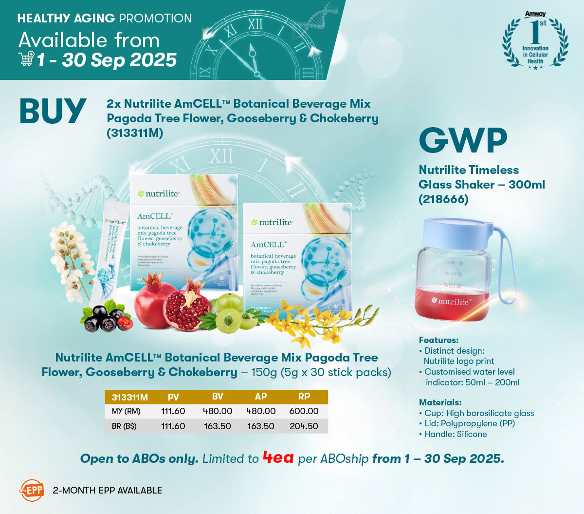 Nutrilite AmCELL™ Botanical Beverage Mix Pagoda Tree Flower, Gooseberry & Chokeberry GWP Nutrilite Timeless Glass Shaker Nutrilite AmCELL™ Botanical Beverage Mix Pagoda Tree Flower, Gooseberry & Chokeberry GWP Nutrilite Timeless Glass Shaker