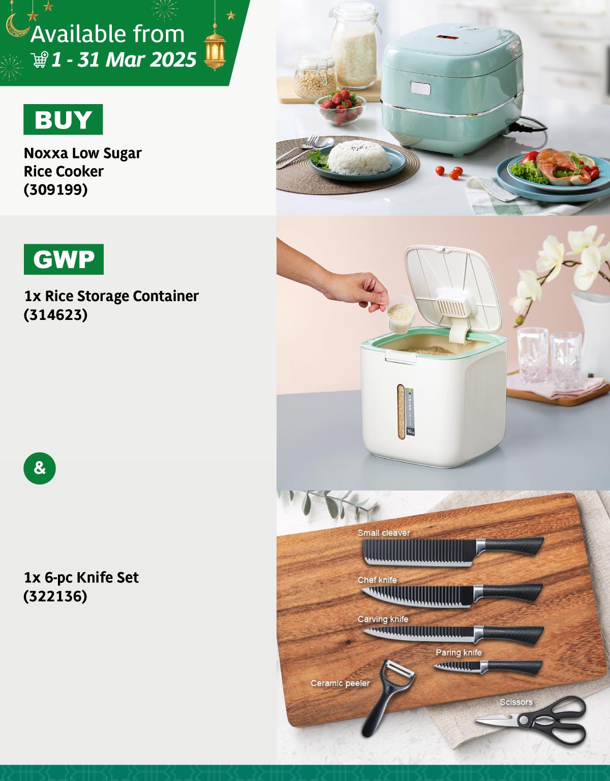 01-MAR2025-Promo_Noxxa-Low-Sugar-Rice-Cooker-GWP-Rice-Storage-Container-6-pc-Knife-Set