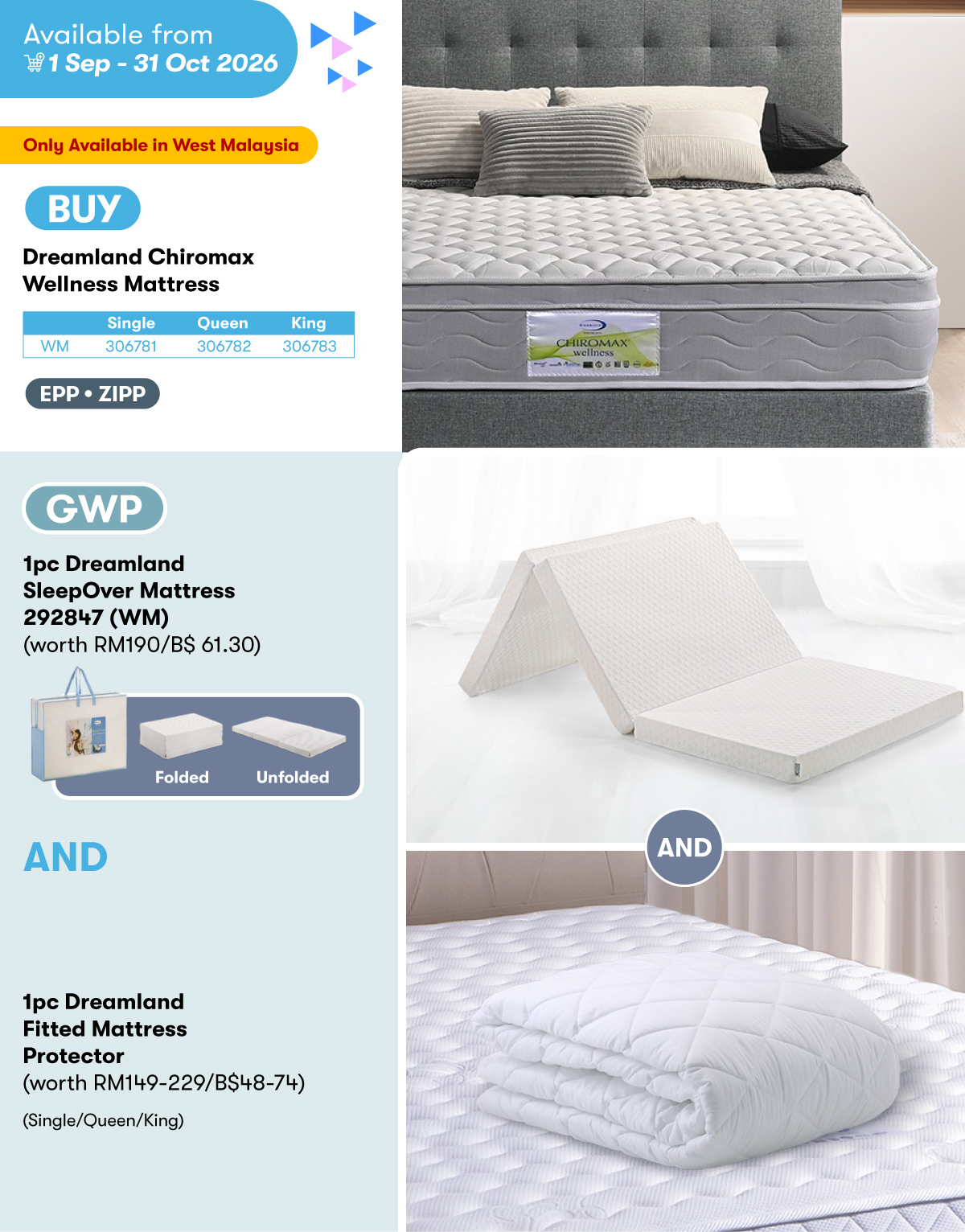 Dreamland Chiromax Wellness Mattress GWP Dreamland SleepOver Mattress AND Dreamland Fitted Mattress Protector 