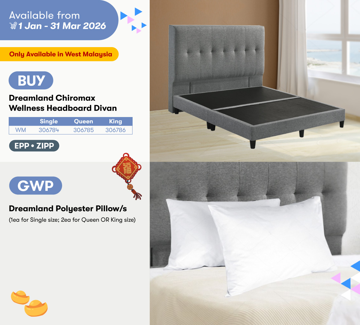 Dreamland Chiromax Wellness Headboard Divan GWP Dreamland Polyester Pillow/s