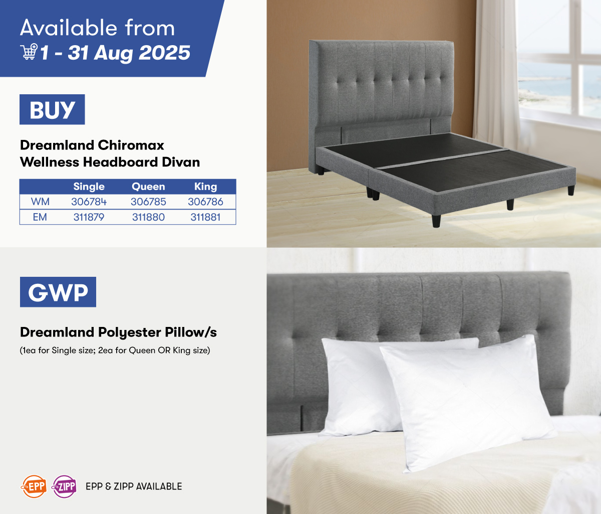 Dreamland Chiromax Wellness Headboard Divan GWP Dreamland Polyester Pillow/s Dreamland Chiromax Wellness Headboard Divan GWP Dreamland Polyester Pillow/s