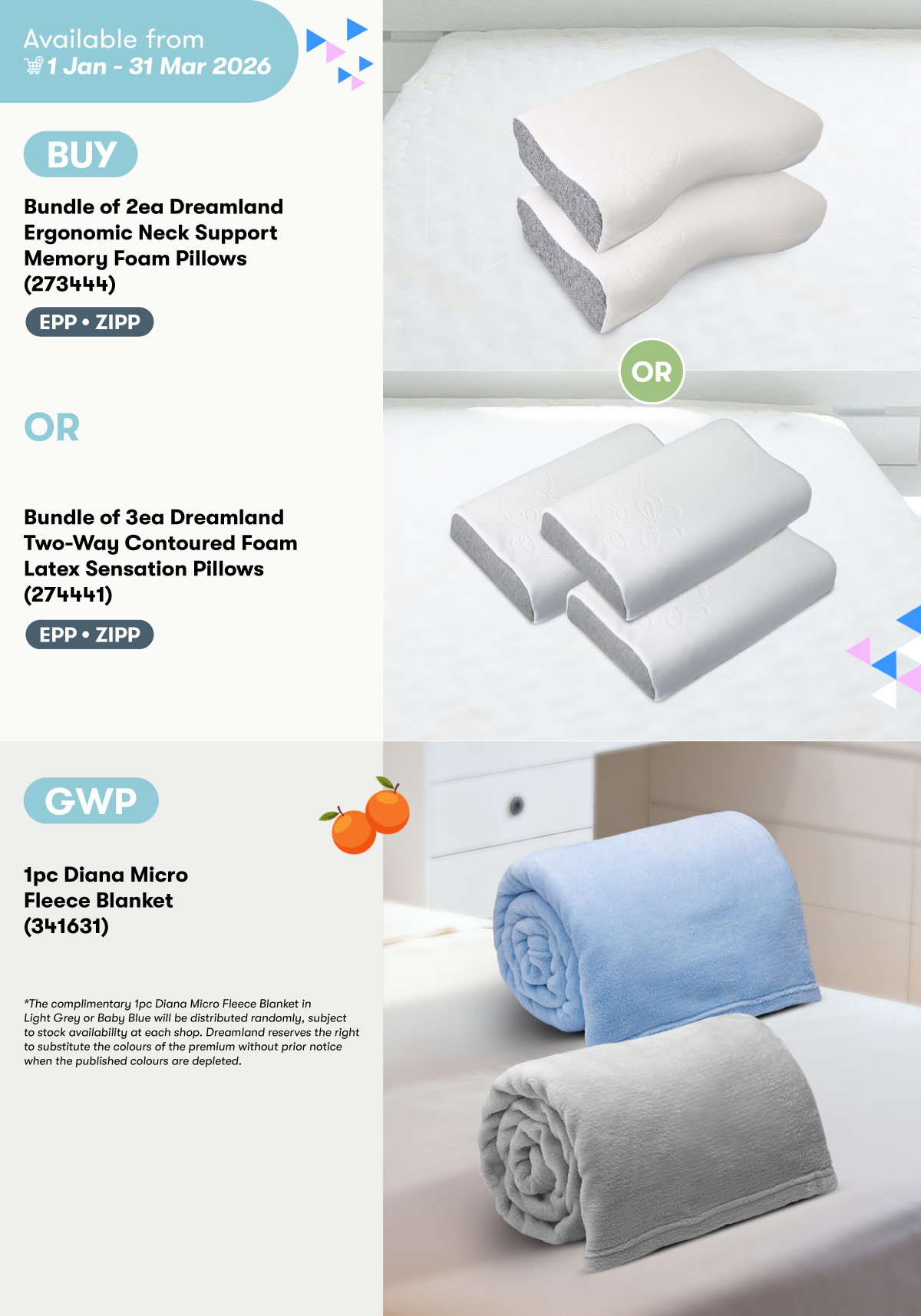 Dreamland Ergonomic Neck Support Memory Foam Pillows OR Dreamland Two-Way Contoured Foam Latex Sensation Pillows GWP Diana Micro Fleece Blanket