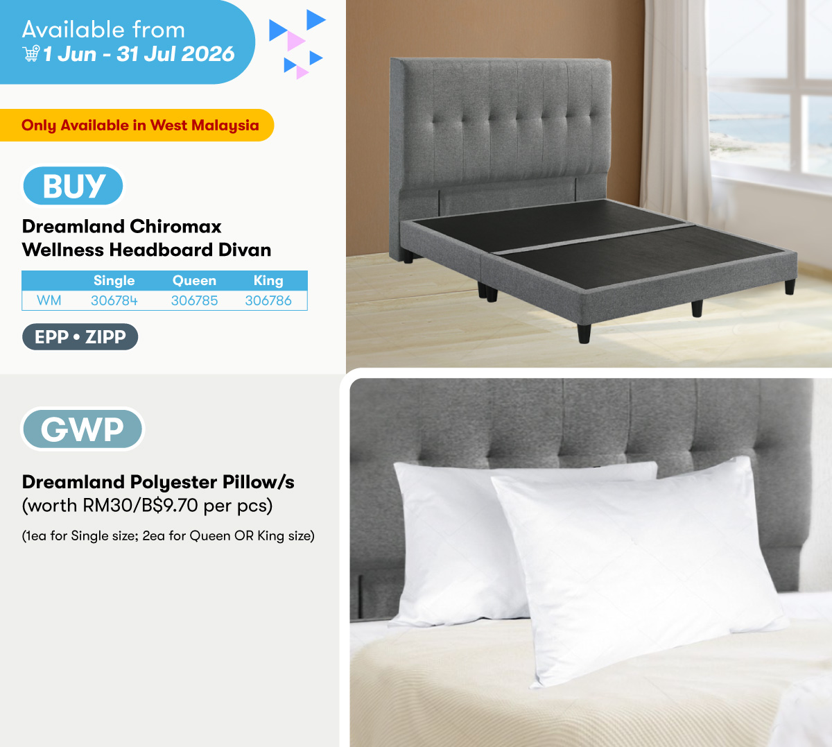 Dreamland Chiromax Wellness Headboard Divan GWP Dreamland Polyester Pillows