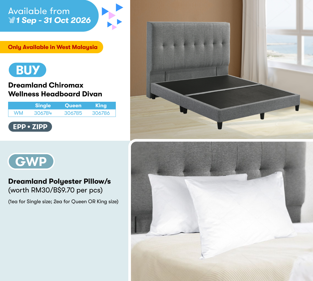 Dreamland Chiromax Wellness Headboard Divan GWP Dreamland Polyester Pillow/s 
