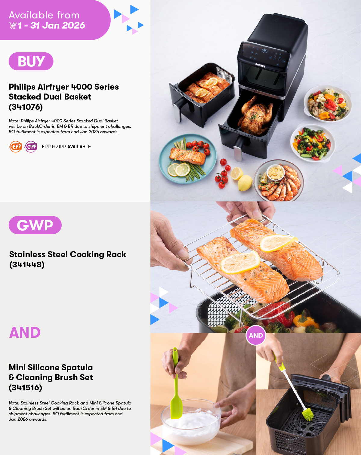 Philips Airfryer 4000 Series Stacked Dual Basket GWP Stainless Steel Cooking Rack AND Mini Silicone Spatula & Cleaning