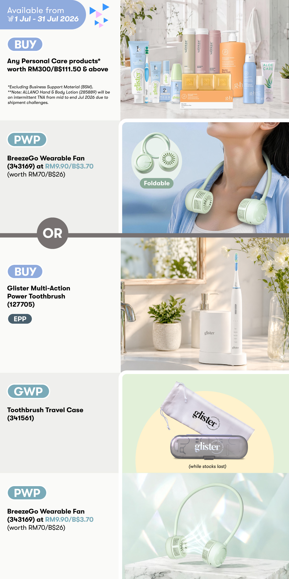 Any Personal Care Products PWP BreezeGo Wearable Fan OR Glister Multi-Action Power Toothbrush GWP Toothbrush Travel Case PWP BreezeGo Wearable Fan