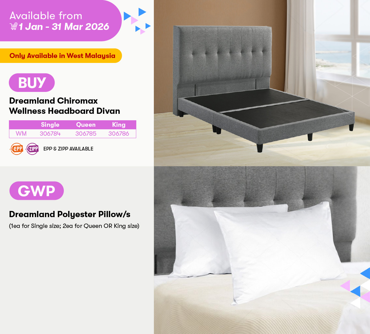 Dreamland Chiromax Wellness Headboard Divan GWP Dreamland Polyester Pillow/s