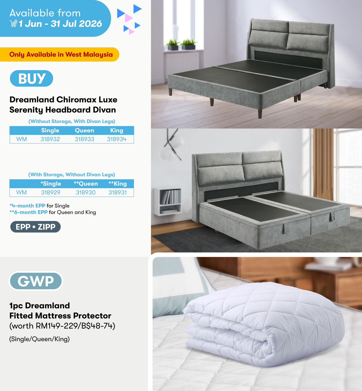 Dreamland Chiromax Luxe Serenity Headboard Divan GWP Dreamland Fitted Mattress Protector_new