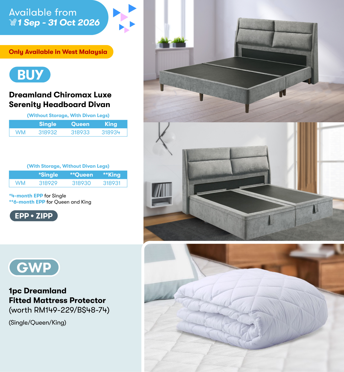 Dreamland Chiromax Luxe Serenity Headboard Divan GWP Dreamland Fitted Mattress Protector