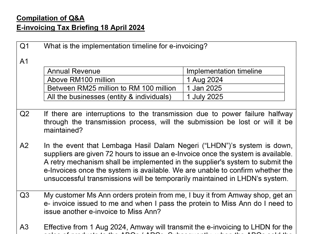 Amway e-Invoicing Briefing FAQ - April 2024