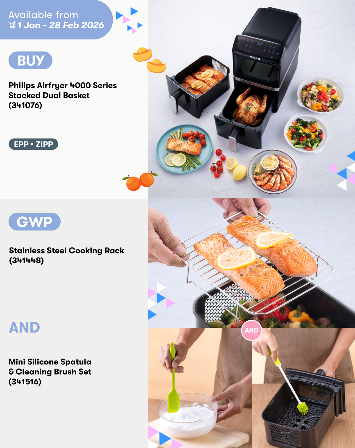 Philips Airfryer 4000 Series Stacked Dual Basket GWP Stainless Steel Cooking Rack AND Mini Silicone Spatula & Cleaning