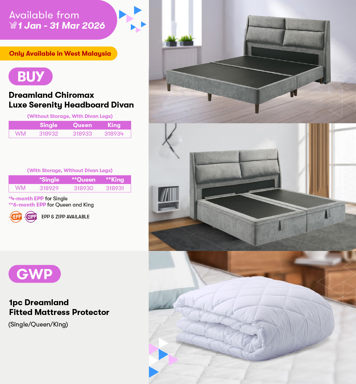 Dreamland Chiromax Luxe Serenity Headboard Divan GWP Dreamland Fitted Mattress Protector